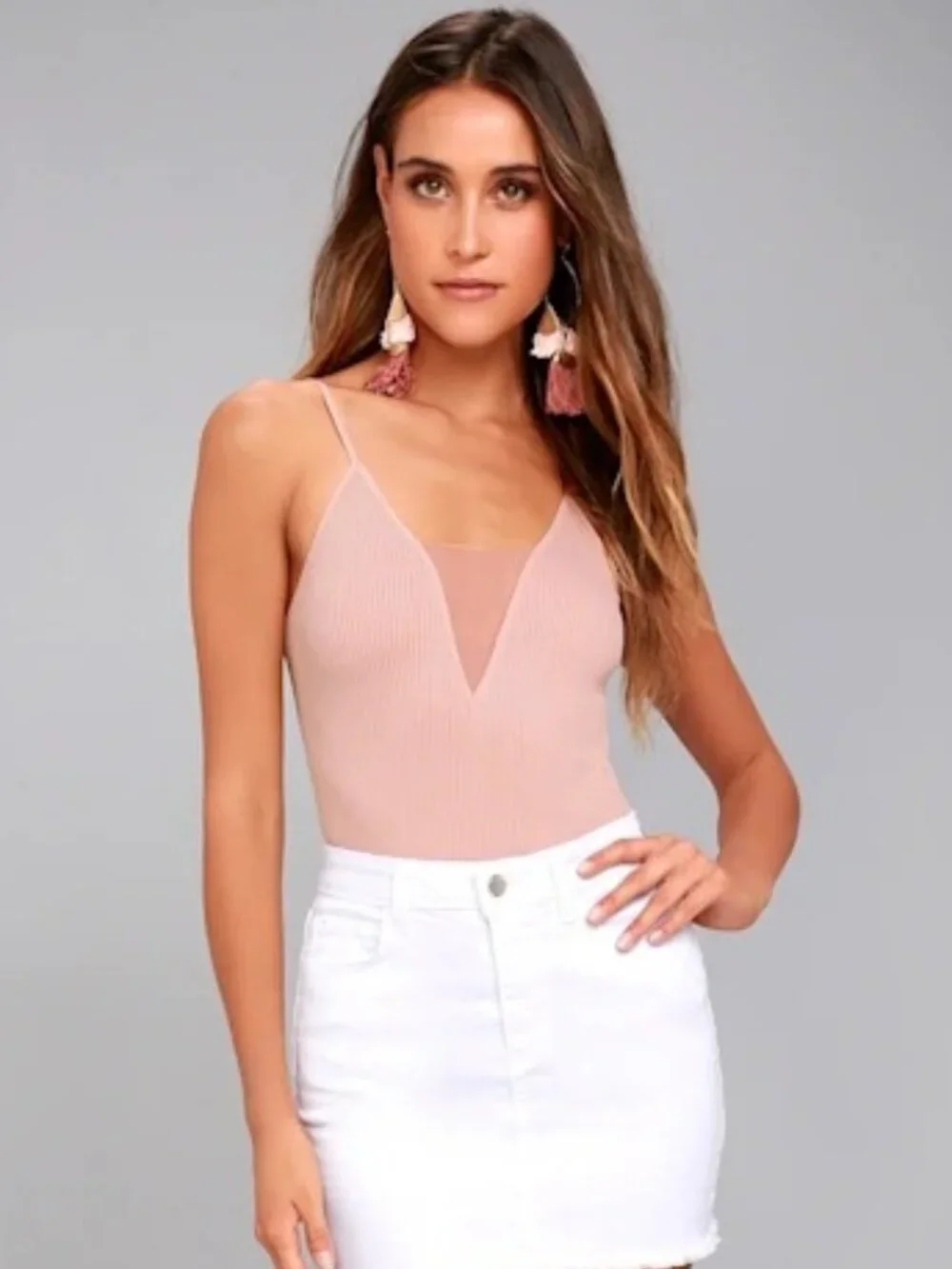 Free People Come Around Mesh Inset Blush Pink V Neck Seamless Ribbed Cami Top